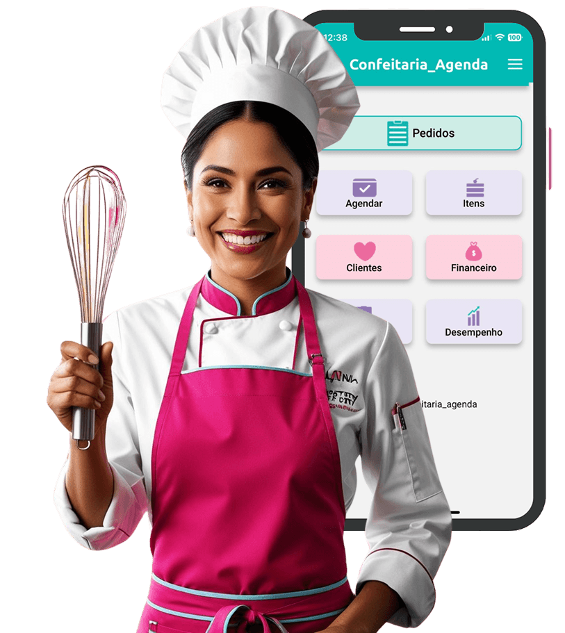 Confeiteira profissional sorrindo, com celular ao fundo lateral mostrando o app Confeitaria Agenda no celular
